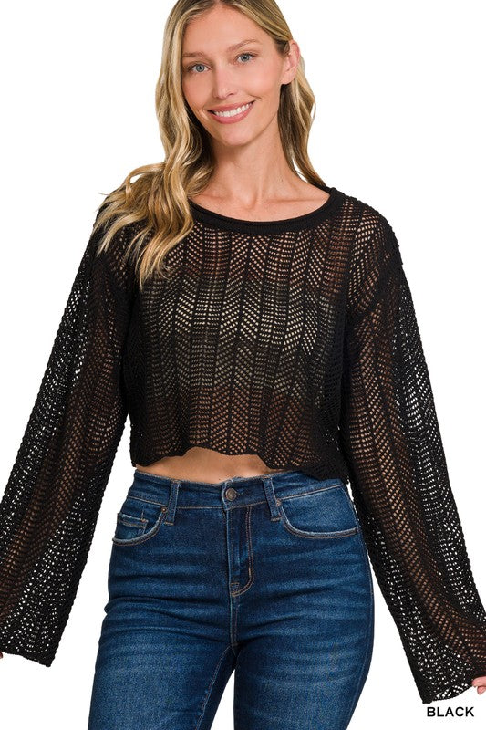 Coastal Breeze Cropped Sweater in Black