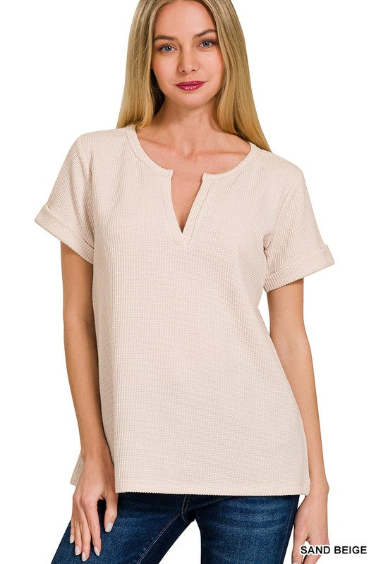 Beach Vibes Henley Top in Sand Beige