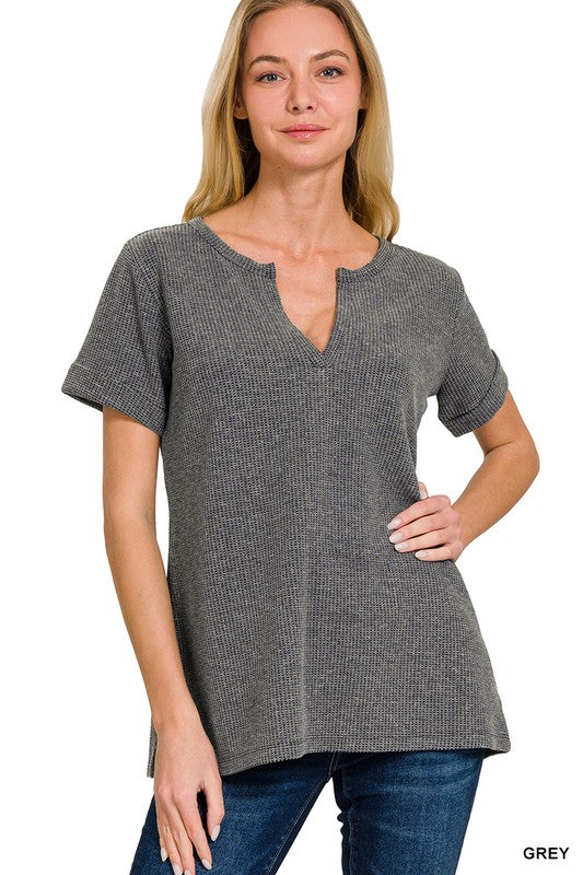 Beach Vibes Henley Top in Charcoal
